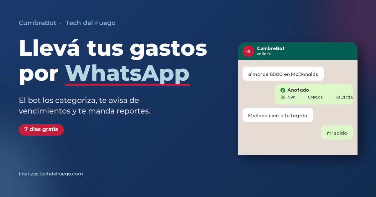 CumbreBot, bot de finanzas por WhatsApp: ejemplo de chat donde el usuario anota un gasto y el bot lo categoriza automáticamente